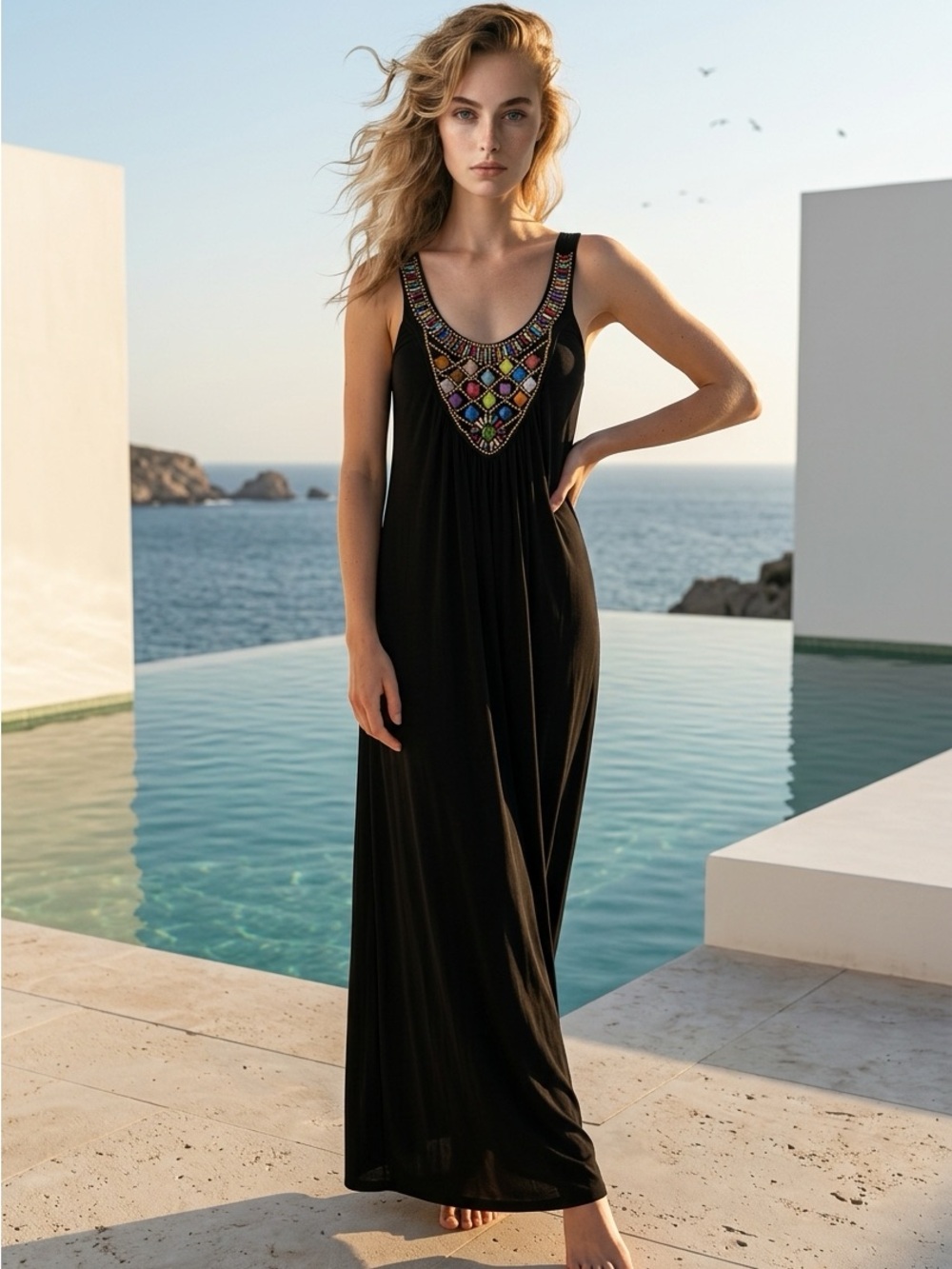 Stella Cruz Embellished Beaded Black BoHo Beach Summer Maxi Dress size S/M